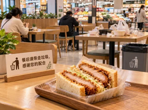 超市堂食区里，一份日式猪扒三明治摆在餐桌上，周围是整洁明亮的门店就餐环境